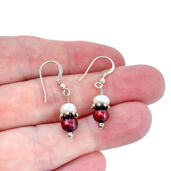 Vintage Artisan Sterling Silver 925 Deep Red White Pearl Fishhook Earrings - Picture 1 of 6